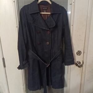 Vintage Denim Trench Coat Size Small Dark Wash 90s Y2K Women's Button Up Long